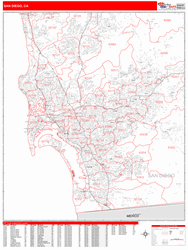 San Diego Wall Map Zip Code Red Line Style 2023